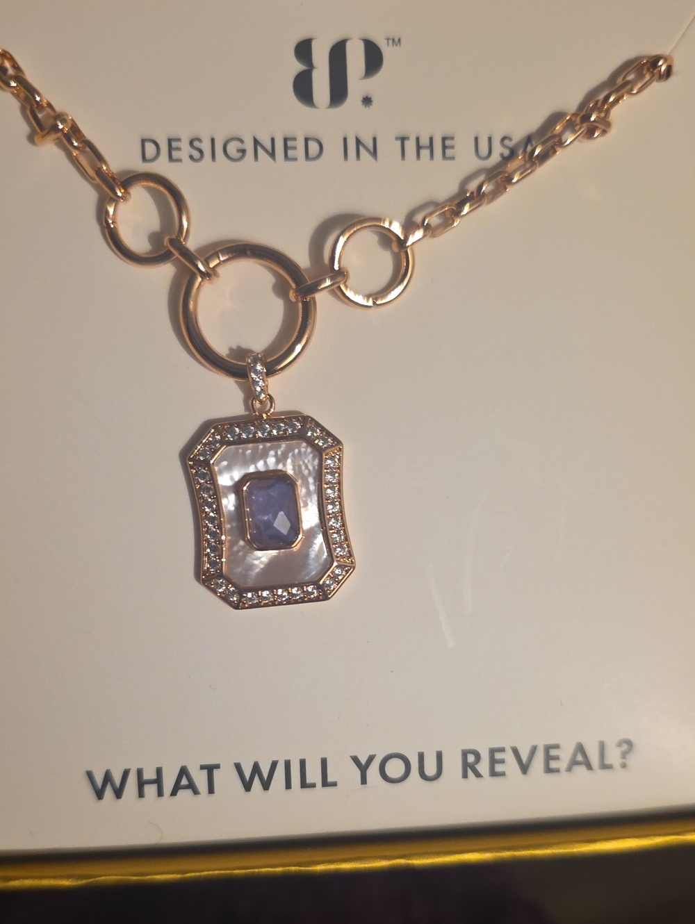BP Rose Gold Necklace with Lavender Center Stone and Mother-of-Pearl